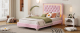 English Elm Twin Size Upholstered Bed Frame With Led Lights,Modern Velvet Platform Bed With Tufted Headboard,Pink