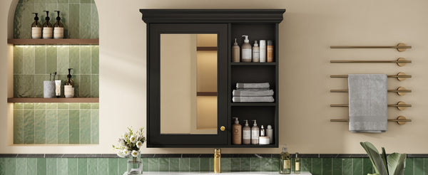 English Elm 30'' Wall-Mounted Medicine Cabinet with Mirror and Adjustable Shelves, Modern MDF Storage Organizer Black N710P209425B