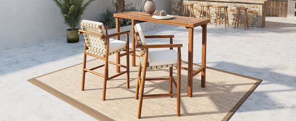 English Elm 3 Piece Acacia Wood Outdoor Bar Set with Cushioned Stools for Patio or Poolside N704G201253A