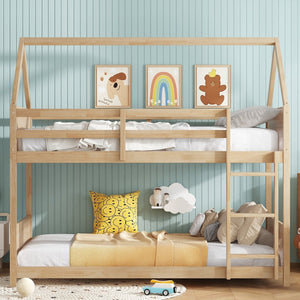 English Elm Twin House Floor Bunk Bed – Charming Rubberwood Design With Safety Guardrails, Ladder & White Oak Finish W504P227973-GIGA