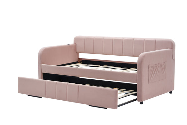 English Elm Twin Upholstered Daybed with Trundle Sofa Bed for Guest Room, Pine Wood Frame, Velvet Upholstery, Sturdy Slat Support and Full-Length Comfort Pink W1361S00023
