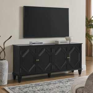 English Elm 65.2" Mid Century Sideboard Buffet with Fluted Geometric Doors, Spacious Adjustable Shelves & Brass Accents Black W1801P346229