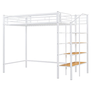 English Elm Twin Metal Loft Bed with Upper Grid Storage Shelf and 4-Layer Ladder Shelves for Space Saving White SF100081AAK