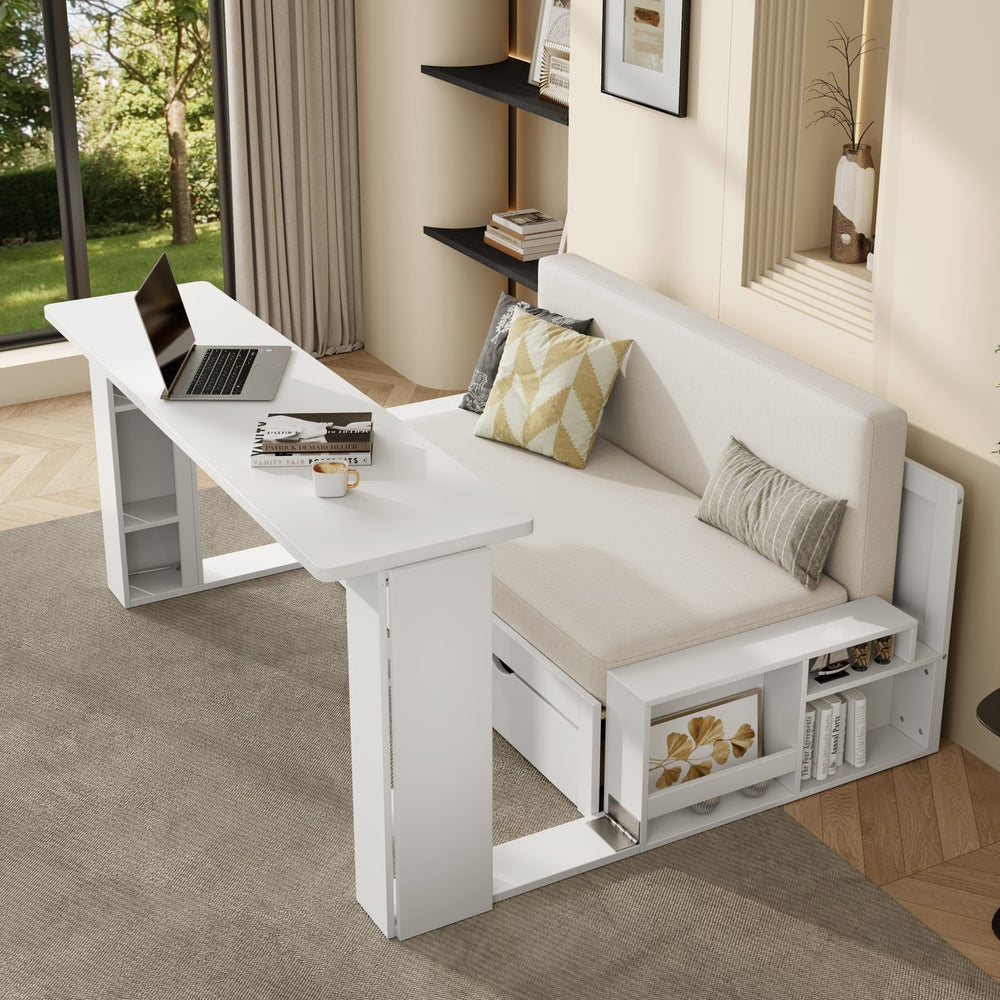 English Elm Full Size Daybed with Hydraulic Desk Armrests Storage Drawer and Sofa Seating White LT000271AAK