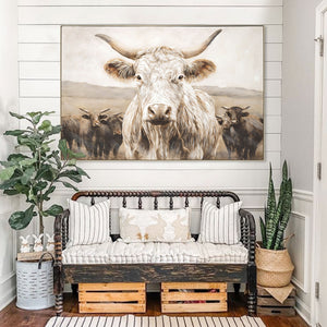 English Elm White White Highland Cow Canvas Wall Art - Framed Solid Wood Minimalist Farmhouse Print for Living Room Bedroom Décor Gift W3374P322232