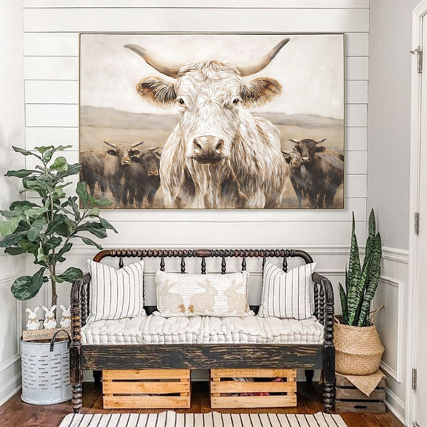 English Elm White White Highland Cow Canvas Wall Art - Framed Solid Wood Minimalist Farmhouse Print for Living Room Bedroom Décor Gift W3374P322232