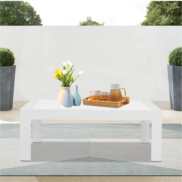 English Elm 43" Outdoor Aluminum Coffee Table with Slatted Wpc Top for Patio Deck Poolside White B082P454980