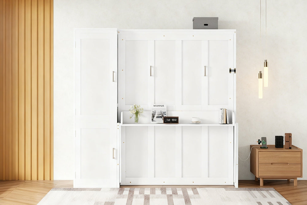 English Elm Queen Murphy Wall Bed with Integrated Desk Gas Strut Lift White Cabinet for Small Spaces W504S00271