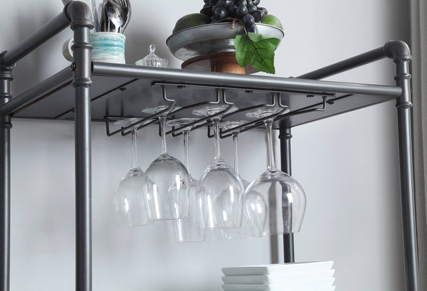 English Elm Brantley Industrial Wood and Metal Three Tier Wine Rack with Integrated Glass Holder B2726P256296