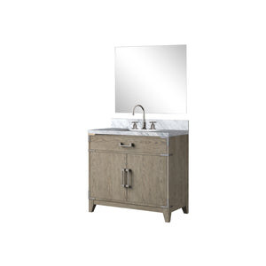 English Elm Grey Oak Single Bath Vanity Set With Carrara Marble Top, Chrome Faucet & 34” Mirror For Chic Bathrooms B2731S02011