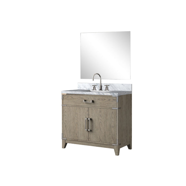 English Elm Grey Oak Single Bath Vanity Set With Carrara Marble Top, Chrome Faucet & 34” Mirror For Chic Bathrooms B2731S02011