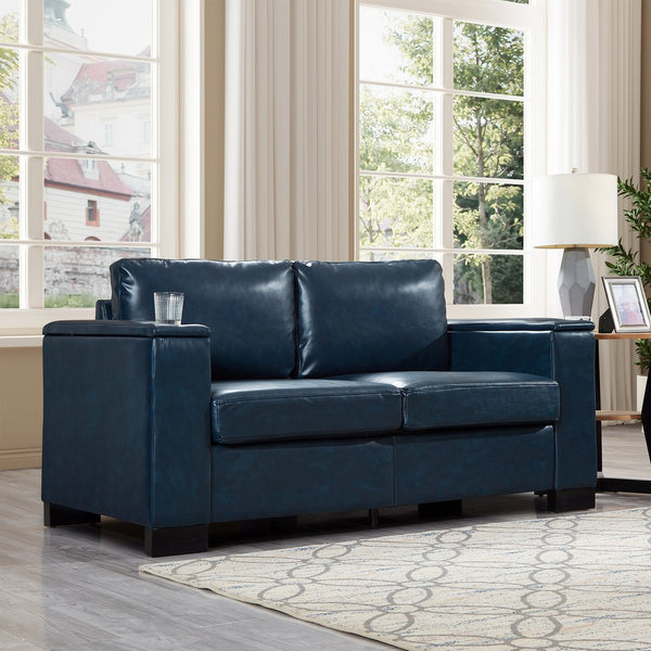 English Elm 67.7" Modern Loveseat Sofa with Cup Holders and Hidden Storage, Polyester Upholstery, Solid Wood Frame Navy Blue W1097S00200