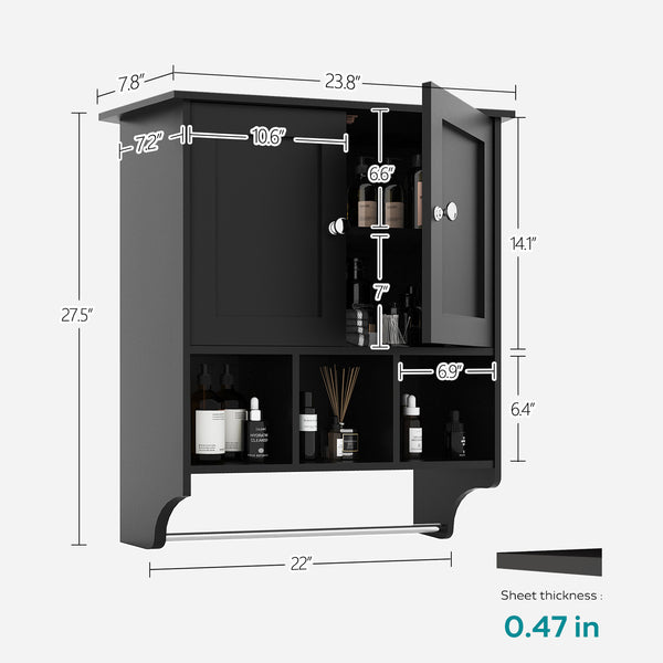 English Elm Bathroom Wall Cabinet with Towel Bar — Durable P2 MDF, Wall-Mount Storage for Toiletries & Medicine Black W2386P196627