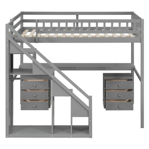 English Elm Full Size Loft Bed with Desk Drawers Led Strip and Staircase for Teen Rooms Gray LT000258AAE-1