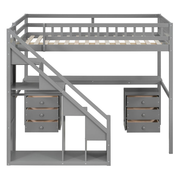 English Elm Full Size Loft Bed with Desk Drawers Led Strip and Staircase for Teen Rooms Gray LT000258AAE-1
