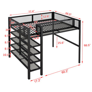 English Elm Full Size Metal Loft Bed with 4-tier Shelving Ladder for Kids or Teen Rooms Black SF000247AAB