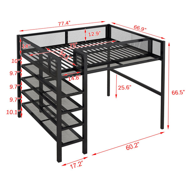 English Elm Full Size Metal Loft Bed with 4-tier Shelving Ladder for Kids or Teen Rooms Black SF000247AAB