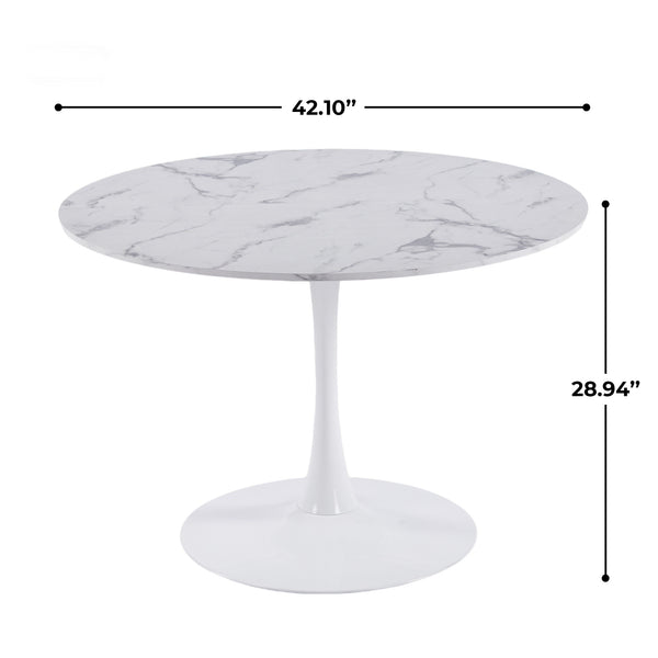 English Elm 42.1" Round Marble Look Pedestal Dining Table Mid Century Modern Seats Six White W234P453955