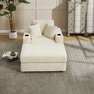 English Elm [New]Corduroy Chaise Lounge Sofa with Cup Holders,Detachable Cushions,Deep SeatMagazine Bag Beige W2120P322752