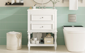 English Elm 24'' Retro Bathroom Vanity Mdf Cabinet with Ceramic Sink Open Shelf and 2 Drawers White N710P405414K