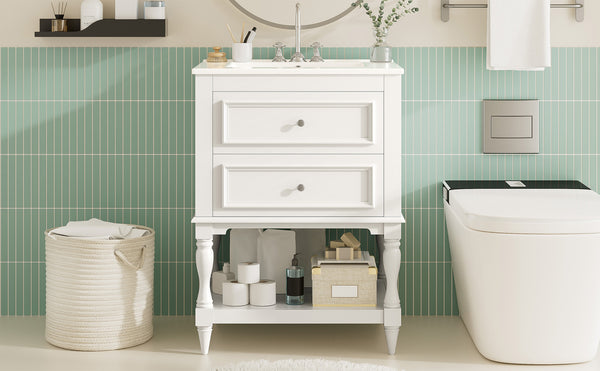 English Elm 24'' Retro Bathroom Vanity Mdf Cabinet with Ceramic Sink Open Shelf and 2 Drawers White N710P405414K