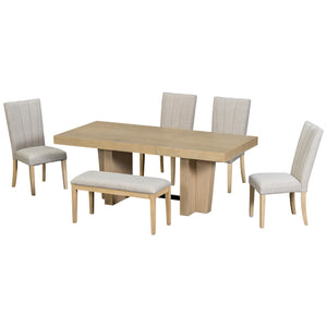 English Elm Topmax Farmhouse Extendable Rubberwood Dining Set Seats Six with Bench and Linen Chairs Natural+Beige N717S000089A