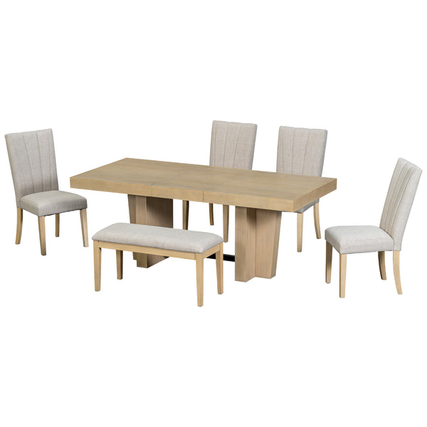 English Elm Topmax Farmhouse Extendable Rubberwood Dining Set Seats Six with Bench and Linen Chairs Natural+Beige N717S000089A