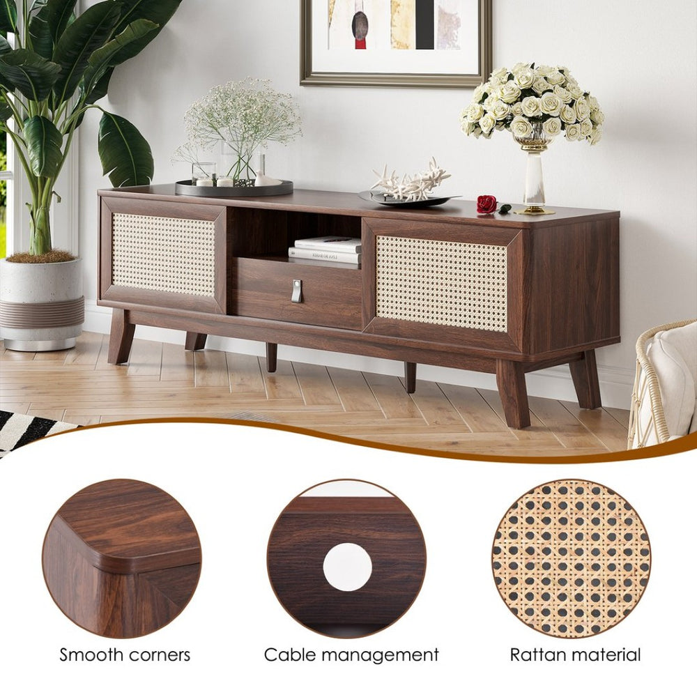 English Elm Rattan Tv Stand With Mid-Century Modern Design, Boho Style, Storage Drawers & Cable Management Solution T3623P380522-GIGA