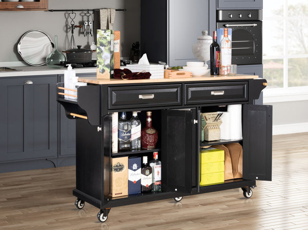 English Elm Kitchen Island Rubber Wood Countertop Mobile Cart with Towel & Spice Racks, Drawers, Storage Wheels Black W914P147991