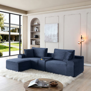 English Elm Modular Cloud Sectional Sofa with Corduroy Deep Seating Usb Ports and Storage Ottoman Blue W1117S00362