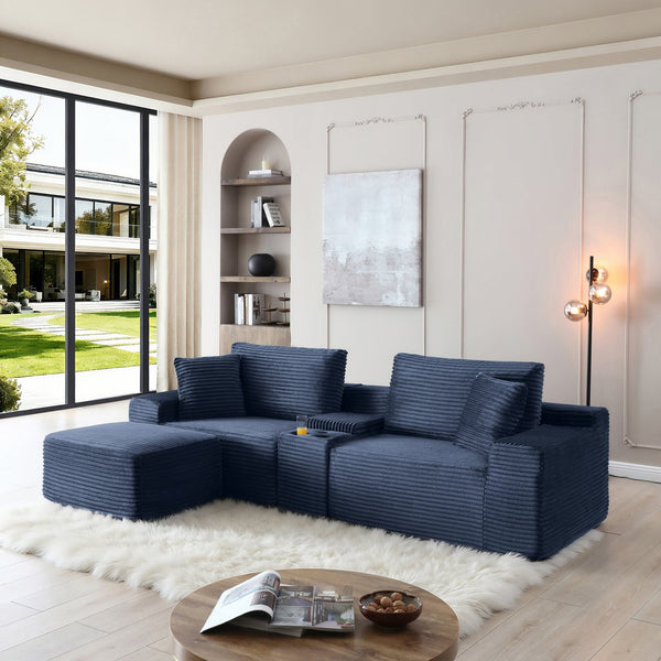 English Elm Modular Cloud Sectional Sofa with Corduroy Deep Seating Usb Ports and Storage Ottoman Blue W1117S00362