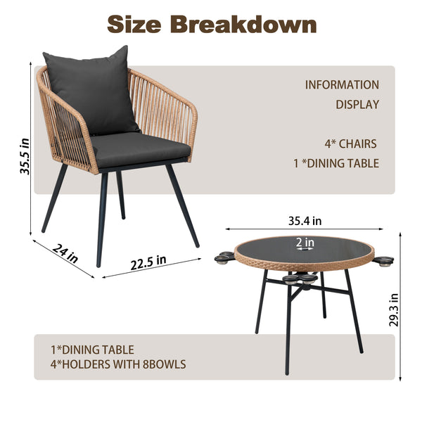 English Elm 5-piece Outdoor Wicker Dining Set with Round Glass Table and Cushioned Rattan Chairs Black T5880S00010