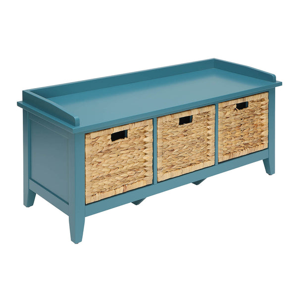 English Elm Beige Rustic Rattan Storage Bench with 3 Drawers for Entryway, Window Seat, Smooth Metal Glides, 43.5"Wide Teal B062P189199
