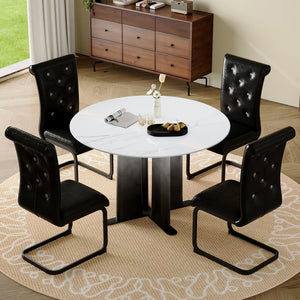 English Elm Modern Round Faux Marble Dining Set with Tufted Pvc Chairs for Compact Spaces W3875S00072