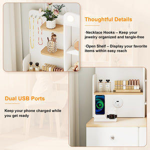 English Elm Vanity Desk With Adjustable Led Lights, Foldable Mirror, Ample Storage & Usb Power Strip - White Elegance W3767S00002-GIGA