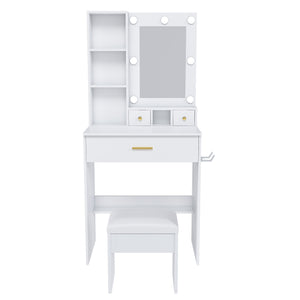 English Elm Vanity compact dressing desk with LED mirror, 3-color dimmable lights, drawers, stool, outlet White W2699P345800