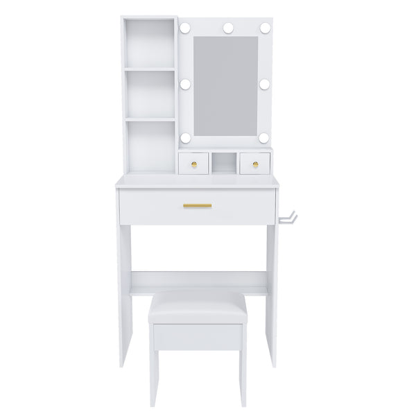 English Elm Vanity compact dressing desk with LED mirror, 3-color dimmable lights, drawers, stool, outlet White W2699P345800