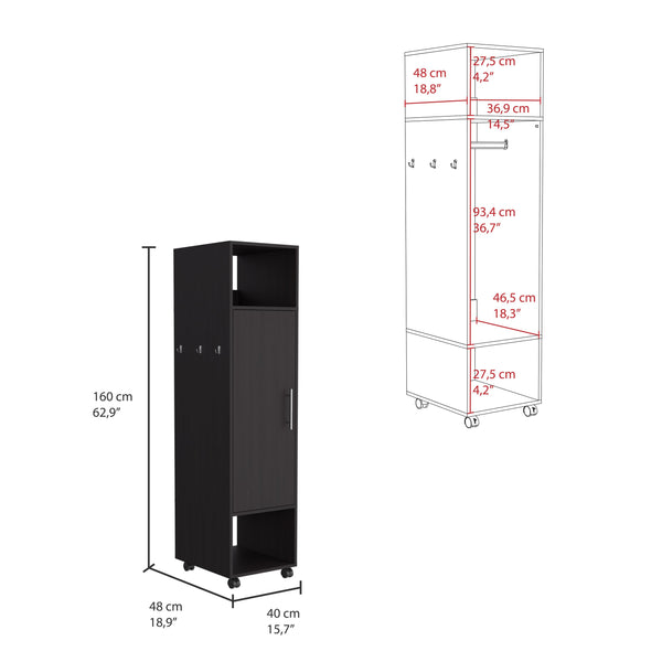 English Elm Cluster 63" Tall Wardrobe Cabinet with Mirror, Shelves, Hanging Rod, Casters – Space-Saving Black Organizer B070P210733