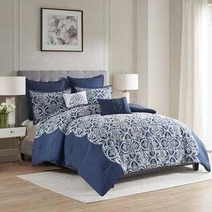 Madison Park Rana Transitional 7 Piece Flocking Comforter Set with Euro Shams and Throw Pillows MP10-8210 Navy