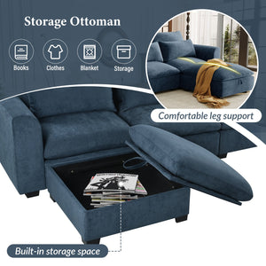 English Elm U_style Modular U-shaped Sectional Sofa with Storage Ottomans Linen Polyester 6 Seat Blue WY000462AAC