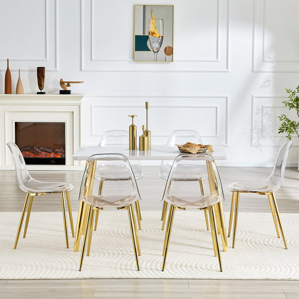 English Elm Table and Chair Set Marble Effect Glass Top Gold Legs Acrylic Seating for Six Transparent,White+Gold W1151S04639