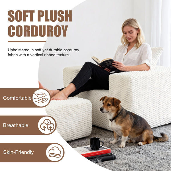 English Elm Boneless Corduroy Lounge Chair with Ottoman High Back Accent Pillow No Assembly White W5385P433282