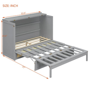 English Elm Full Size Murphy Wall Bed Cabinet with Rattan Panel Detailing and Storage Drawers Gray N708P336203E