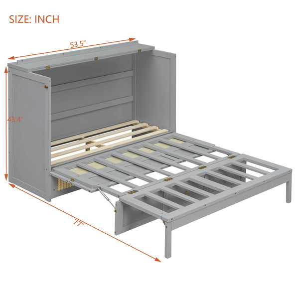 English Elm Full Size Murphy Wall Bed Cabinet with Rattan Panel Detailing and Storage Drawers Gray N708P336203E