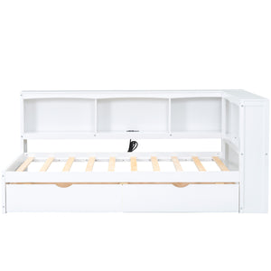 English Elm Twin Twin Size Daybed with USB Charging, Two Storage Drawers & Shelves, Sturdy MDF Frame, 300lb Capacity White GX000396AAK