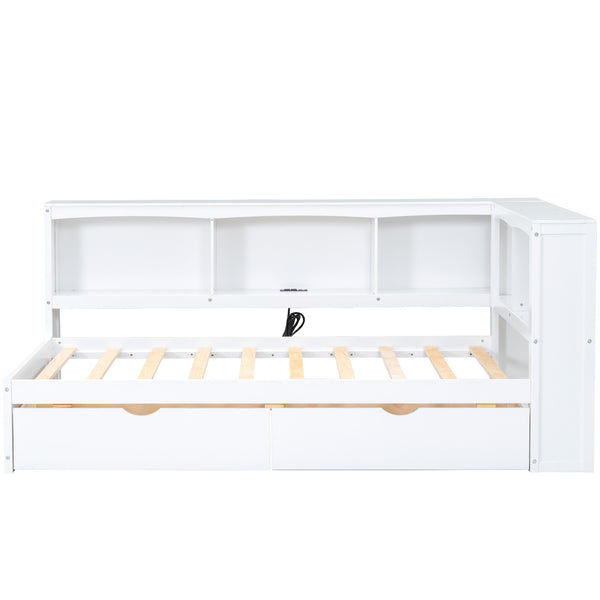 English Elm Twin Twin Size Daybed with USB Charging, Two Storage Drawers & Shelves, Sturdy MDF Frame, 300lb Capacity White GX000396AAK