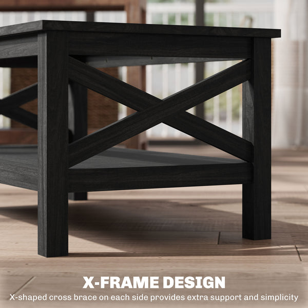 English Elm HOMCOM Modern Farmhouse Glass Coffee Table with Tempered Top, Lower Storage Shelf & X-Frame Design Black W2225P229136