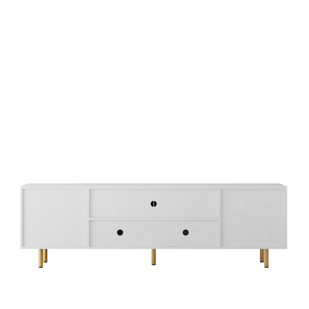 English Elm White Fluted TV Stand 68" Modern White Media Console with 4 Storage Doors, Gold Legs Accent, Durable MDF Finish W1321P185967