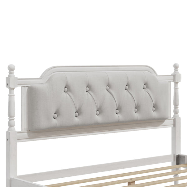 English Elm Traditional Solid Wood Bed Frame with Tufted Upholstered Headboard, No Box Spring Needed, Sturdy 400 lb Capacity Antique White 57.5 L x 22.5 W x 10.5 H N701P242546K