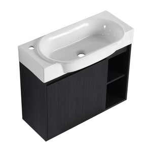 English Elm 28'' Wall-Mounted Bathroom Vanity with Glossy White Ceramic Sink, Soft-Close Doors, Water-Resistant Plywood Finish (Easy Assembly, KD Packing) W999P310767